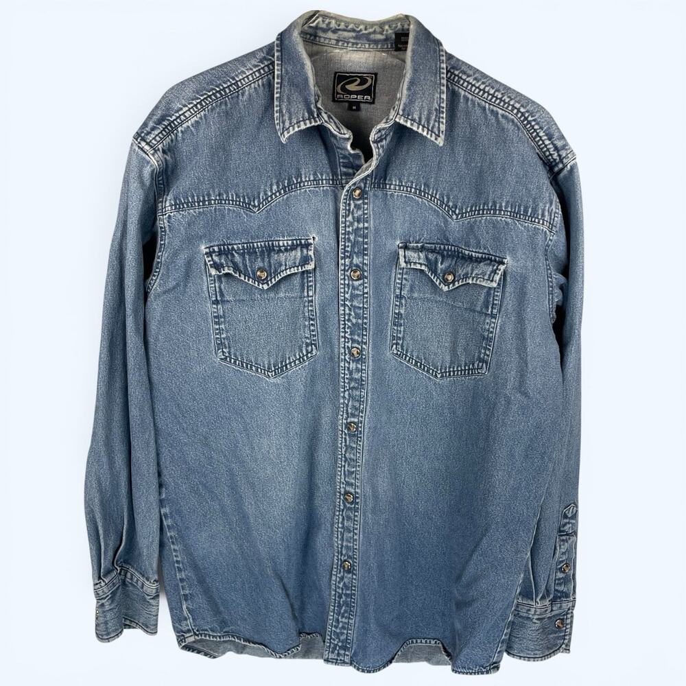 Roper Western Blue Denim Shirt Pearl Snaps Men's Size Medium